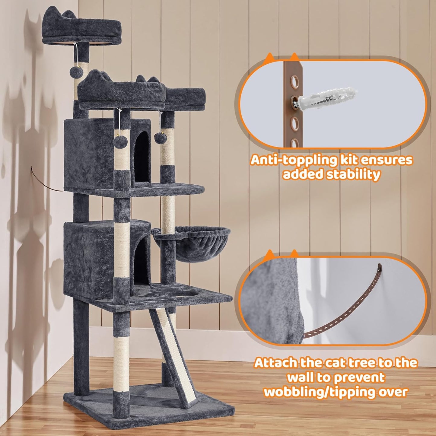 68.5In Cat Tree Multi-Level Cat Tower with Large Condo＆Cozy Perches Stable Pet Play House W/Sisal-Covered Scratching Posts＆Board for Indoor Cats, Dark Gray