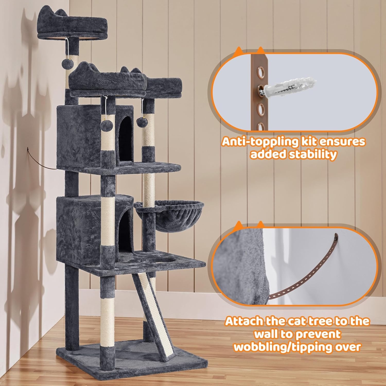 68.5In Cat Tree Multi-Level Cat Tower with Large Condo＆Cozy Perches Stable Pet Play House W/Sisal-Covered Scratching Posts＆Board for Indoor Cats, Dark Gray