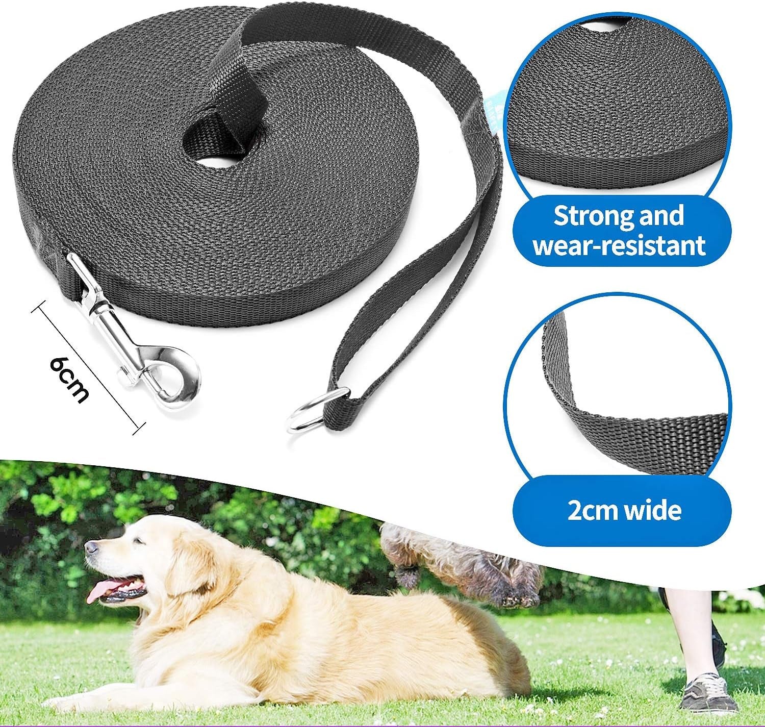 15/20/30/50/100 Ft Long Dog Training Leash with Clickers for Small, Medium and Large Dogs or Cats (30 Feet, Black)