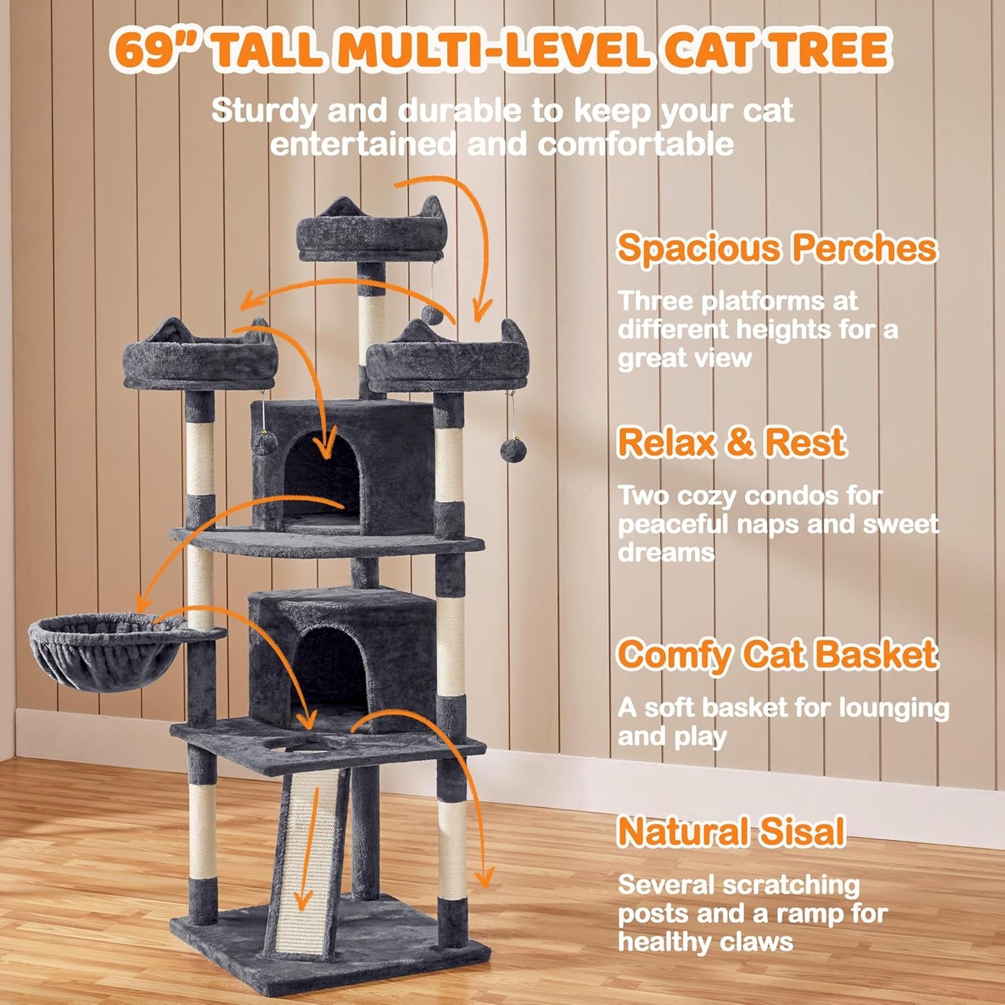 68.5In Cat Tree Multi-Level Cat Tower with Large Condo＆Cozy Perches Stable Pet Play House W/Sisal-Covered Scratching Posts＆Board for Indoor Cats, Dark Gray