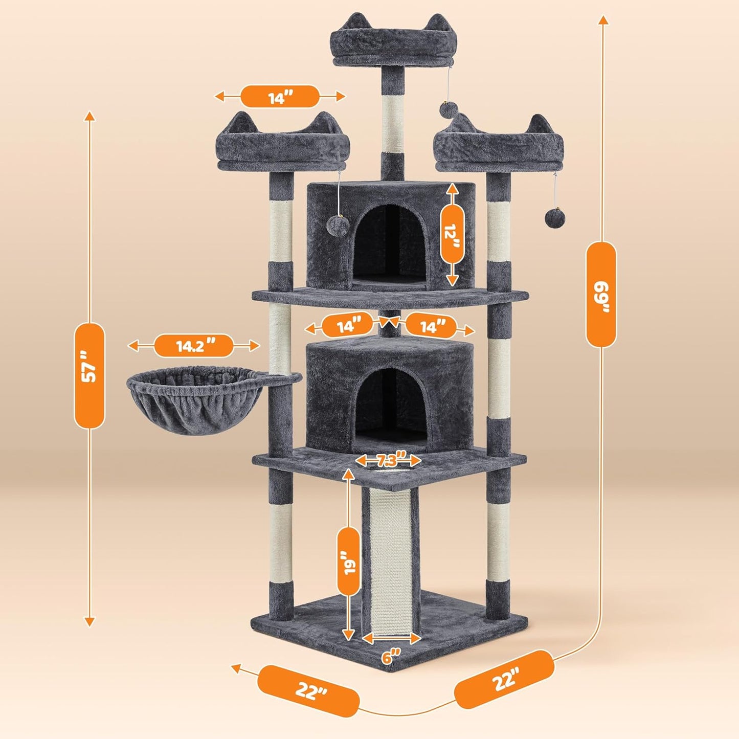 68.5In Cat Tree Multi-Level Cat Tower with Large Condo＆Cozy Perches Stable Pet Play House W/Sisal-Covered Scratching Posts＆Board for Indoor Cats, Dark Gray